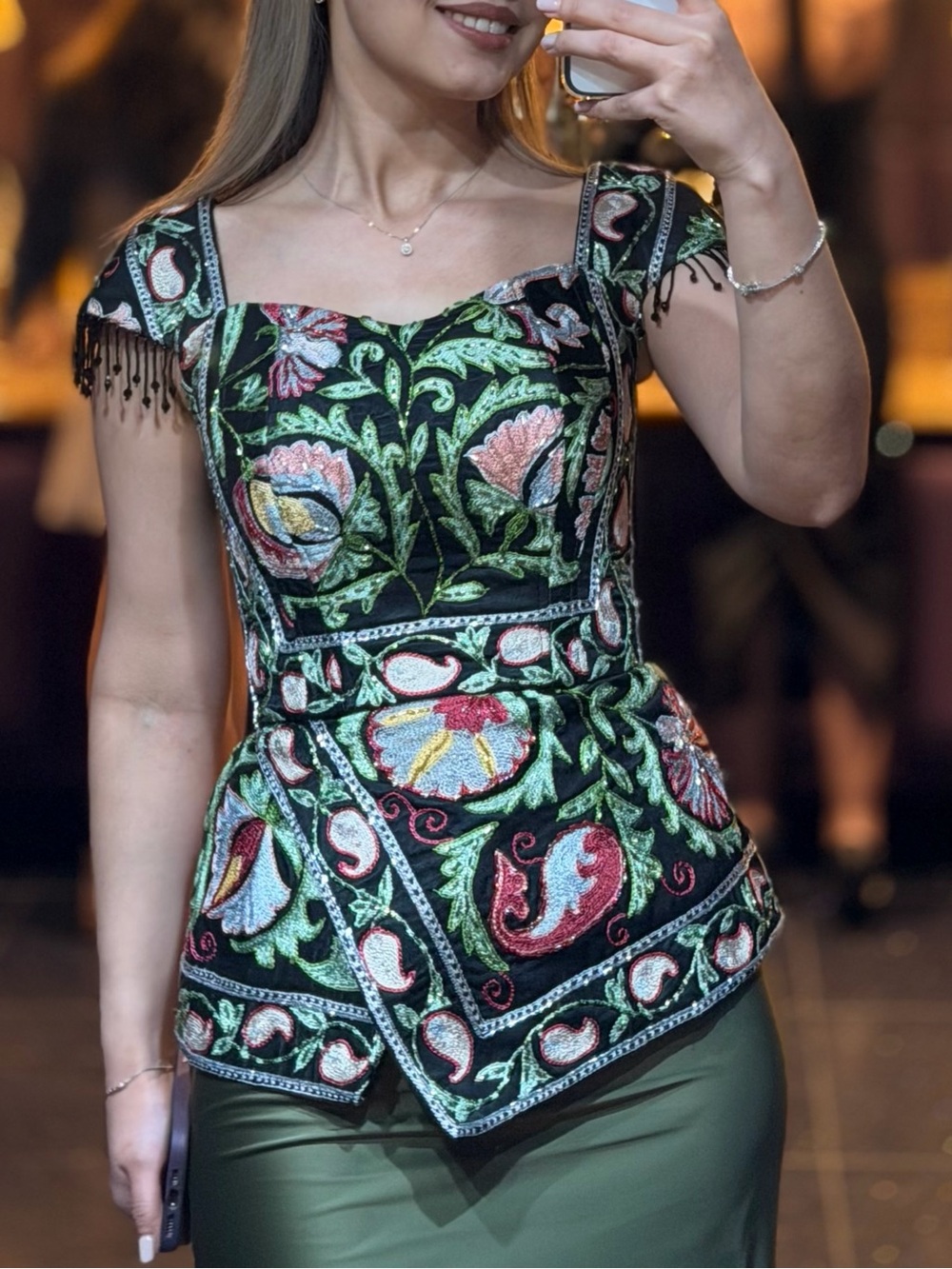 Embroidered Black Peplum Corset with Suzani Motif